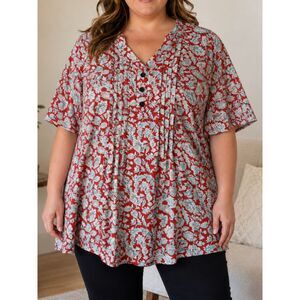 HOCOSIT XXL Red Floral Boho Tunic Shirt Short Sleeve V-Neck Plus Size Top
